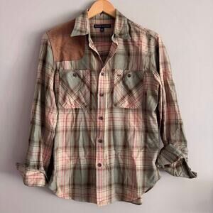 Ralph Lauren Plaid Flannel Button Down Shirt Suede Shoulder Tan Green Size 10